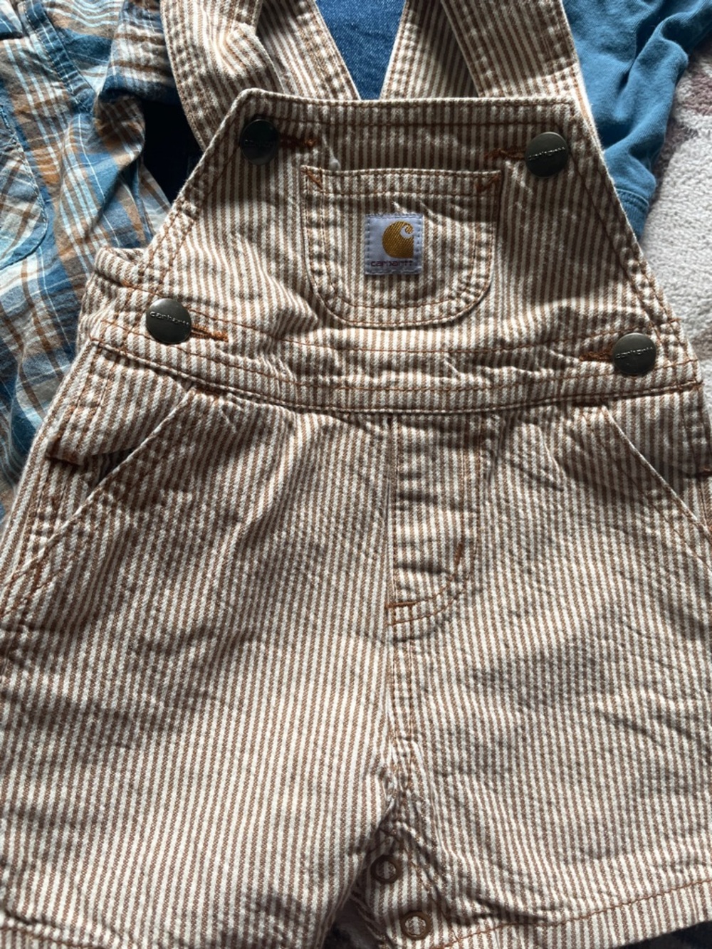 Carhartt Toddler Short Overalls in Tan Striped & Jean w/ 3 Shirts/One-Pieces EUC - Picture 2 of 6